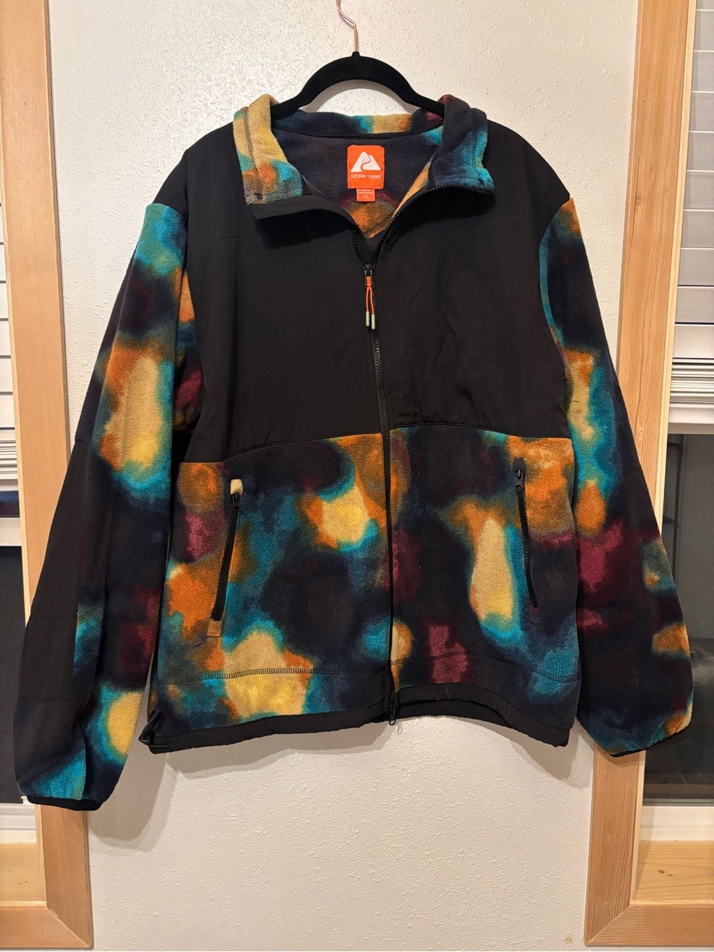 Ozark Trail Black Fleece Jacket with Teal, Yellow & Maroon Pattern